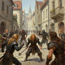 an exciting fantasy street battle within a fascinating old city, narrow streets, old buildings, by Sylvain Sarrailh, by Sebastian Luca, by Nicodemus Yang-Mattisson,   cinematic, simple but effective composition, clean lines, beautiful digital painting, oil painting, great character design, dungeons and dragons, lord of the rings,  close up character, fantasy races