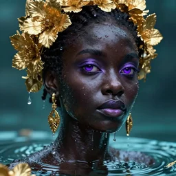 hyperrealistic post - classical cinematic very expressive! black oshun goddess, purple eyes, body in water, mirror dripping droplet!, gold flowers, highly detailed face, digital art masterpiece, smooth cam de leon eric zener dramatic pearlescent teal light, ground angle uhd 8 k, sharp focus