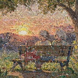 a wholesome cottagecore illustration of a happy elderly couple relaxing on a park bench as they watch the sunset, studio Ghibli, Pixar and Disney animation, sharp, Rendered in Redshift and Unreal Engine 5 by Greg Rutkowski, Bloom, dramatic lighting, sunset