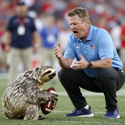 A frustrated coach Belichick attempting to teach a sloth to play football