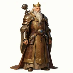 beautiful calm bright ai generated fullbody character illustration of a very old timetraveller highpriest in ornated wooden armor and decorated sacred outfit and heavily equipped with steampunk cyberwares. rendered by machine.delusions. inspired by: @machine.delusions on instagram. Slightly reminds to ghibli studio style. Fullbody portrait uncut centered cinematic, dramatic pose medieval combined with steampunk
