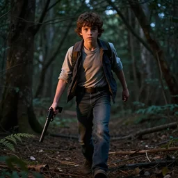 Finn Wolfhard (Mike Wheeler) for Stranger Things holding a gun and running in a forest, dramatic lighting, cinematic, establishing shot, extremely high detail, photo realistic, cinematic lighting