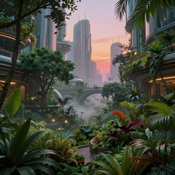 futuristic dystopian atrium, lush plants and trees, fog light dusk, in a futuristic dystopian city by ivan aivazovsky and jean giraud, coherent, hyper realism, high detail, vivid colors, octane render, unreal engine, 8 k, smooth gradients, high contrast, depth of field by jacek yerka