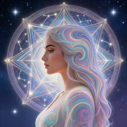 side profile, maya ali mage, constellation geometry mandala background, breathtaking stars, elegant, highly detailed, concept art, smooth, sharp focus, spiritual art, luminescent, colorful swirly magic ripples, pastel colors, by huang guangjian, sachin teng, greg rutkowski, jesper ejsing, ilya kuvshinov, artgerm, mucha, psychedelic