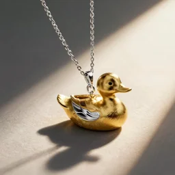 a silver necklace on a golden duck