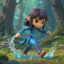 katara from avatar as nendoroid walking in a forest in the croods movie style, bending water, anime, disney, pixar, 8 k, hd, dof, kodak film, volumetric lighting, subsurface scattering, photorealistic, octane render, details