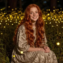 a totally enraptured smiling young woman surrounded by golden firefly lights in a mesmerizing scene, sitting amidst nature fully covered! intricate detailed dress, long loose red hair, precise linework, accurate green eyes, small nose with freckles, beautiful smooth oval head, expressive emotions, hyper realistic ultrafine portrait by artemisia gentileschi, jessica rossier, boris vallejo