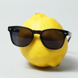 a photograph of a lemon wearing dark sunglasses