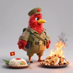 Big bird dressed as an american soldier standing by a burning vietnamese rice patty, award-winning on artstation, Highly detailed, art by artgerm