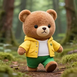 a photo of a cute and happy brown teddy bear toy, with green pants and yellow jacket, toy clothes, enjoying a stroll in the forest, telephoto, 5d mk2