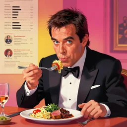 cartoonish iggy pop eating dinner, vivid colors, character sheet, fine details, concept design, contrast, kim jung gi, greg rutkowski, trending on artstation, 8 k, full body, turnaround, front view, back view, ultra wide angle