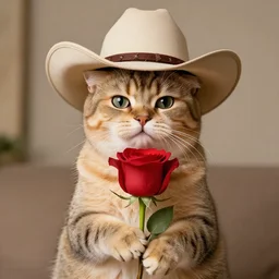 a cat in a cowboy hat holds a rose in its paws