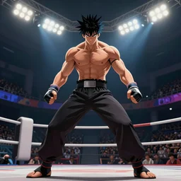 fighting arena first person view from the ground looking up, low angle, hd, bright lights on the roof, digital art, cinematic lighting, anime manga style, baki the grappler, trending on artstation, unreal engine, octane render, vfx, cgi, 3d