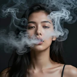 a beautiful filipino woman!! breathing out incredible thick smoke covering her face, thought provoking, matte colors, very very very very dramatic lighting, abstract and inspiring digital art trending on artstation