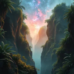 an award winning digital artwork of a lush prehistoric jungle chasm blending into a nebula in the background, stunning, washed out colors, professional, master level composition, volumetric lighting, haze, sunset, photorealistic