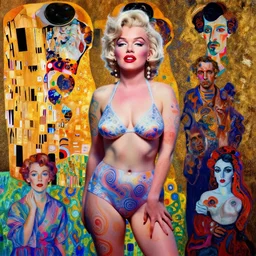 marilyn monroe! psychedelic, patterned skin, trending on artstation, photorealism, vibrant colors, digital art, in the style of harumi hironaka, gustav klimt, egon schiele, coby whitmore, david bates, monet, lisa frank, picasso, octane render.