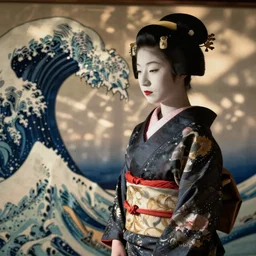 geisha with traditional kimono, art of the katsushika hokusai