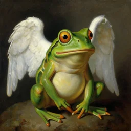 pepe the frog as an angel, oil painting by Rembrandt