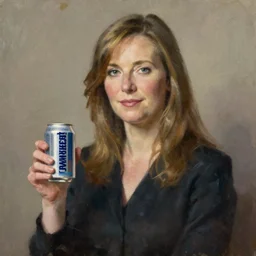 anne murray is holding a can of powerthirst. oil painting by rembrandt.