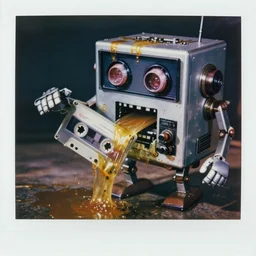 a anthropomorphic vcr robot vomiting a vcr cassette, gross oil leaking, messy oil everywhere, detailed, intricate, wet metal, oily, bright lights, shocking, 1 9 7 1, polaroid photo, tv screenshot, horror, hyperrealism, photo realism