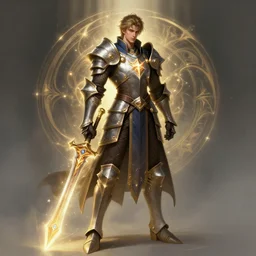 a character concept art by illustrator at riot games!! by artgerm, greg rutkowski and alphonse mucha. arcane!! t pose, full body!! clear portrait of a lonely attractive man in heavy armor!! fantasy weapon!! light effect. hyper detailed, glowing lights!! intricate, elegant, digital painting, artstation, smooth, sharp focus