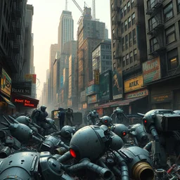hyper realistic portrait of post apocalyptic scene in new york city, scattered scrap robots, chaos, extreme detail, in style of, yoji shinkawa, greg tocchini, ross tran, ruan jia, anime aesthetic, cinematic