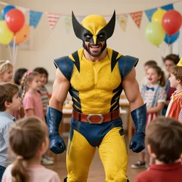 logan wolverine as a clown at a kid's birthday party, surrounded by kids, realistic.