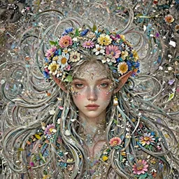 an elf with long hairs and flowers in them, flower petals flying around in the background, art by James Jean and Wayne Barlowe, high detail, cinematic, cgsociety 8k