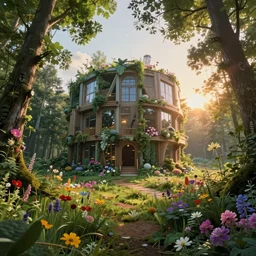 building by ilya kuvshinov, fisheye meadow studio ghibli synthwave morning sun lightpaint hyperrealism flowers sunset reclaimed by nature forest cgsociety biopunk cyberpunk galactic otherworldly, archdaily, wallpaper, highly detailed, trending on artstation.