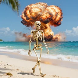 High resolution photo of relaxed skeleton walking on the tropical beach with nuclear bomb explosion on the ocean, high quality, trending on Artstation, highly detailed big nuclear explosion in the background, realistic, vibrant light color scheme, anatomically accurate skeleton, coherent, photorealism, daylight