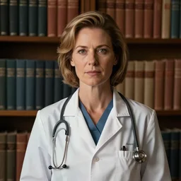 image of a lady doctor in the original form series by margaret ward, standing in front of a book!!! shelf!!!, facing the camera, by greg rutkowski