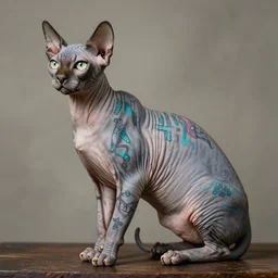 a sphinx cat covered in cool tattoos