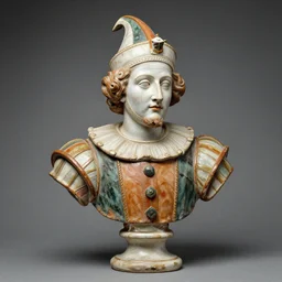 italian renaissance portrait bust of harlequin, polychromatic terracotta sculpture, 1 5 th century, studio lighting, british museum