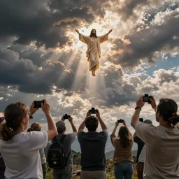 cientos de personas sacando fotos, jesus bajando del cielo