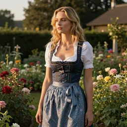 gillian king staring ahead, wearing a seductive dirndl in a flower garden, golden hour, artstation, by j. c. leyendecker and peter paul rubens,