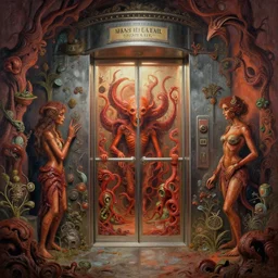 beguiling epic stunning beautiful insanely detailed landscape matte painting of the elevator to hell designed by michal karcz, by cyril rolando and asher durand and natalie shau, whimsical, intricate
