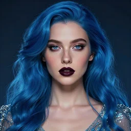 a portrait of an attractive girl with blue celestial hair and dark lipstick and freckles, wearing a sparkling dress, by viktoria gavrilenko, trending on artstation, single face, symmetrical, highly detailed, cinematic lighting, character concept art, movie poster art, movie concept art