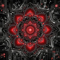 black and red fractal glowing resonance, Marc Simonetti, Mike Mignola, smooth liquid metal with detailed line work, Mandelbrot Fractal, Exquisite detail perfect symmetrical, silver details, hyper detailed, intricate ink illustration, golden ratio, city night, steampunk, smoke, neon lights, starry sky, steampunk city background, liquid polished metal, by jean-honore fragonard