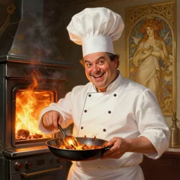 portrait of a proud funny chef cook, showing burned cooking, in front of exploding oven on fire, intricate, elegant, highly detailed, digital painting, artstation, concept art, smooth, sharp focus, illustration, art by artgerm and greg rutkowski and alphonse mucha, 8 k