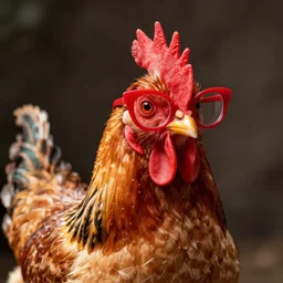 a portrait of a very handsome!!! chicken with small red fashionable!!!! cat eye glasses!!! Staring at the camera!!!