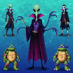 a vintage vaporwave vampire colors tall lean vampire aliens with big black alien eyes and a squid beak with three webbed tentacle arms and skinny thin human legs wearing ninja garb based on vampire cloaks as playable characters design sheets that focuses on an ocean setting with help from lead artist Andy Suriano from rise of the teenage mutant ninja turtles on nickelodeon using artistic cues for the game fret nice and art direction from the Sony 2018 animated film spiderverse