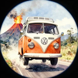 a fisheye perspective caricature watercolor painting of a vw volkswagen bus, camper, bulli, type - 2, microbus, kombi, flying towards the camera, jumping at the viewer, dynamic action shot, fish eye lense, frontal, a dramatically erupting vulcano is seen in the background