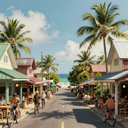 a quaint fijian island town, street, shops, restaurant, street - level view, bicycles, view of ocean in the distance at end of street, digital illustration, art by artgerm, trending on artstation, intricate, amazing detail, concept art, sharp focus, octane render, unreal engine, cinematic lighting
