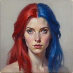 a detailed matte oil on canvas head on symmetrical portrait of a distinguished elven woman with two - tone red blue hair by charlie bowater, lise deharme, wlop, trending on artstationhd, dungeons and dragons art critical role, half and half hair dye, split hair dye, two tone hair dye, dye hair