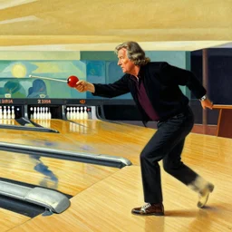 Jeff Bridges from the movie The big Lebowski playing bowling painted by Norman Rockwell