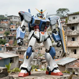 a mecha robot in a favela