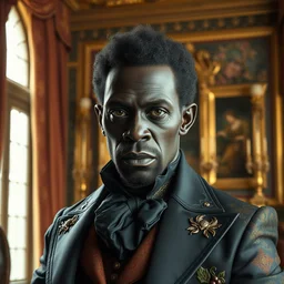 close up, halfling black skin man, extravagant clothes, alone in his mansion, head and torso portrait by dave dorman and johan grenier