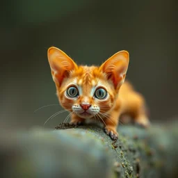 orange cat caterpillar, big eyes, big ears, long body, kodak photo, muted colors, depth of field