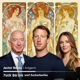 mark zuckerberg, jeff bezos, artgerm, very detailed, art contest winner on behance, trendy on deviant art, by artgem, greg rutkowski and laura sava and alphonse mucha