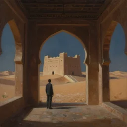 painting of an interior Moroccan Castle in the middle of desert with dunes by Greg Rutkowski and Craig Mullins, Dark atmospheric sad and cinematic lighting, Trending on artstation